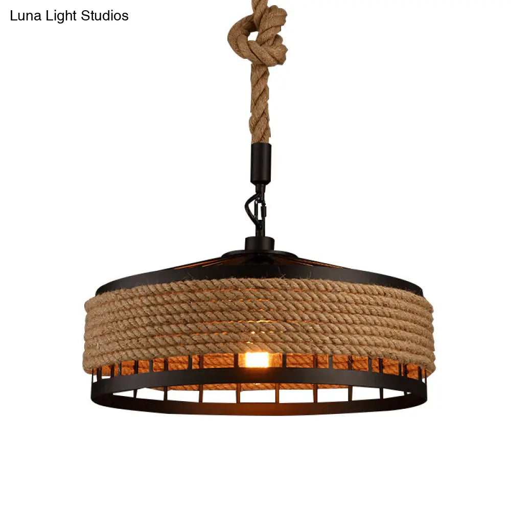 Rustic Hand-Twisted Rope Pendant Light With 1 Bulb For Restaurant In Black-Brown