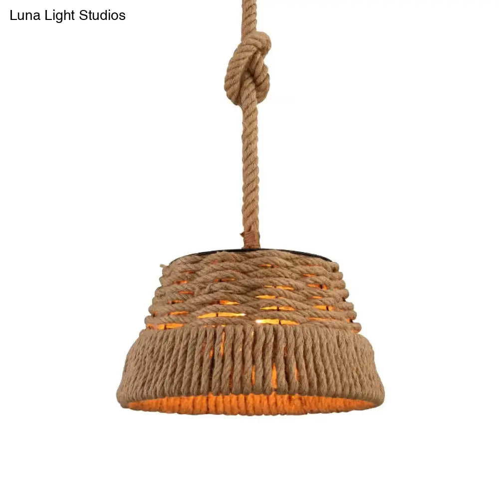 Rustic Hand-Weaving Rope Tapered Pendant In Brown For Country Club Ceiling Hang Light With 1 Bulb