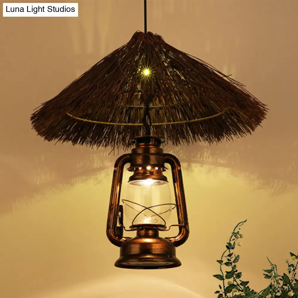 Rustic Hand-Woven Rattan Pendant Light With Lantern Shade For Dining Room