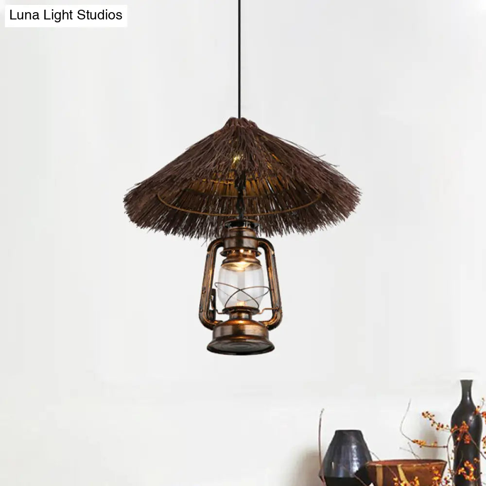 Rustic Hand-Woven Rattan Pendant Light With Lantern Shade For Dining Room