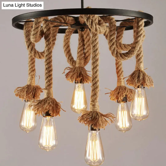 Rustic Hand-Wrapped Rope Chandelier With Decorative Wheel - Brown Bare Bulb Hanging Lamp