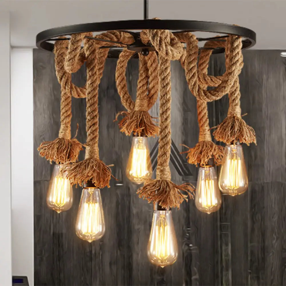 Rustic Hand-Wrapped Rope Chandelier With Decorative Wheel In Brown 6 /