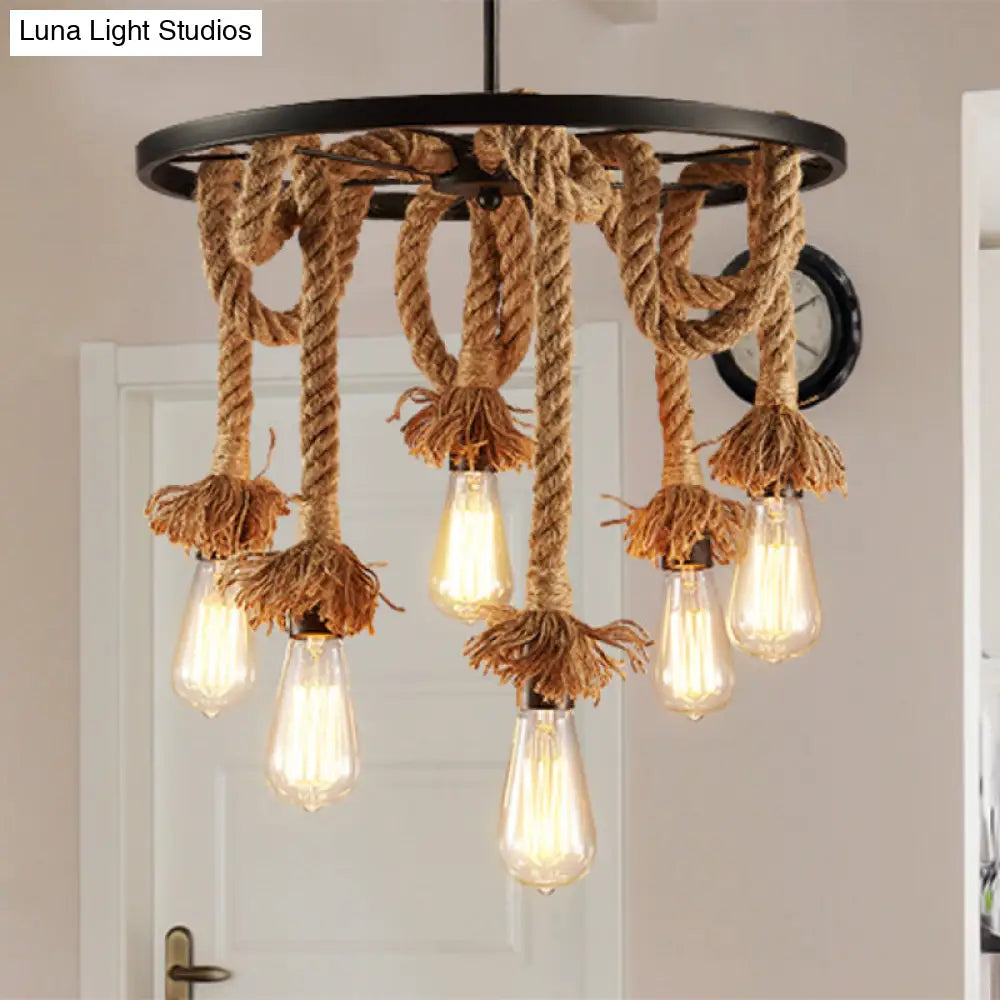 Rustic Hand-Wrapped Rope Chandelier With Decorative Wheel In Brown