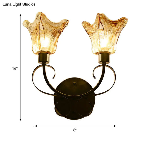 Rustic Handblown Amber Glass Wall Sconce With 2 Bulbs - Black Light For Living Room