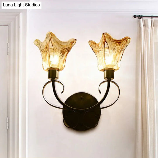 Rustic Handblown Amber Glass Wall Sconce With 2 Bulbs - Black Light For Living Room