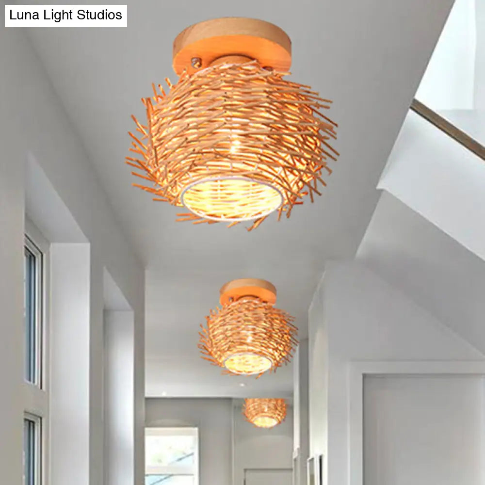 Rustic Handmade Bamboo Flush Mount Lamp: Wood Ceiling Light For Living Room