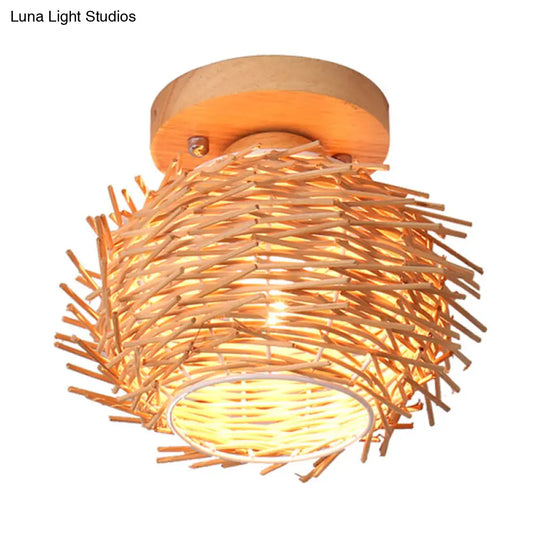 Rustic Handmade Bamboo Flush Mount Lamp: Wood Ceiling Light For Living Room