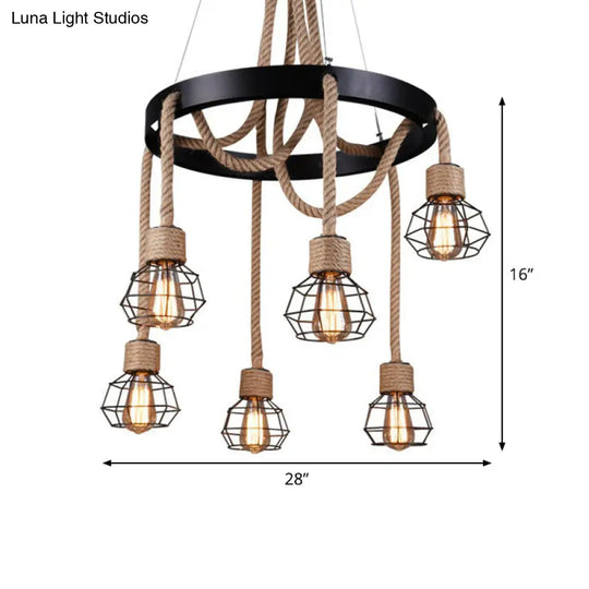 Rustic Hemp Rope Chandelier: Caged Sitting Room Pendant 6-Light Circular Suspension Brown