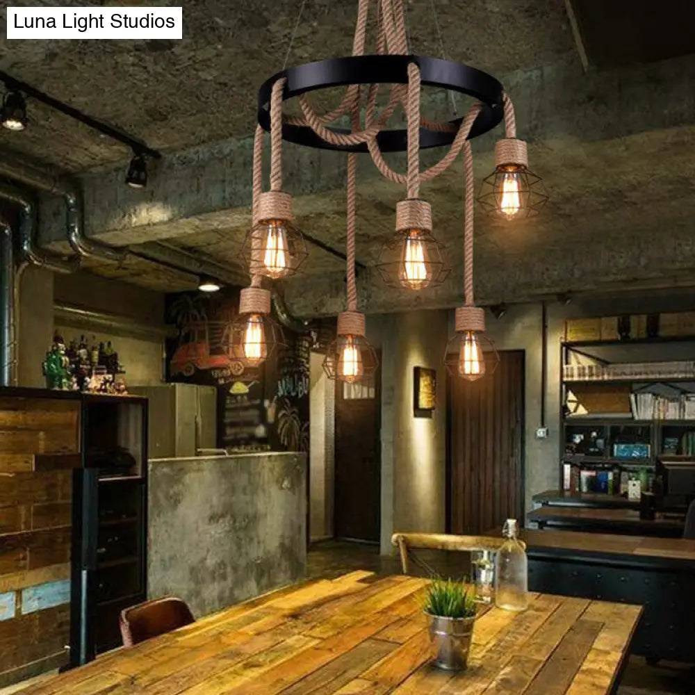 Rustic Hemp Rope Chandelier: Caged Sitting Room Pendant With 6 Lights