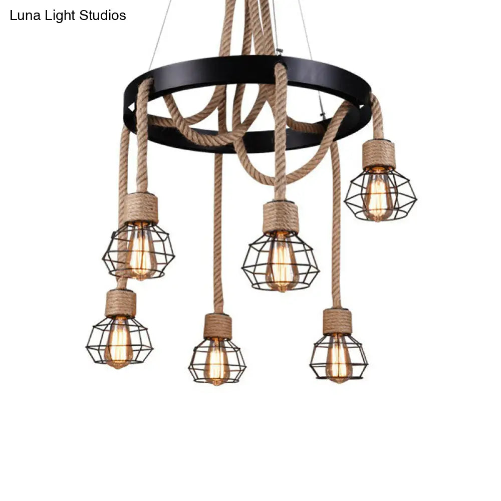 Rustic Hemp Rope Chandelier: Caged Sitting Room Pendant 6-Light Circular Suspension Brown
