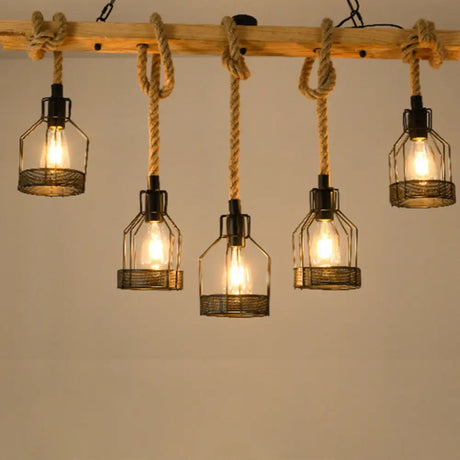 Rustic Hemp Rope Chandelier - Retro Industrial Pendant With Wire Cage For Restaurants 5 / Black