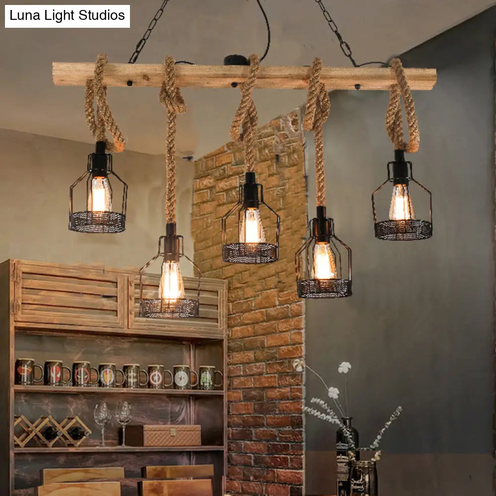 Rustic Hemp Rope Chandelier - Retro Industrial Pendant With Wire Cage For Restaurants