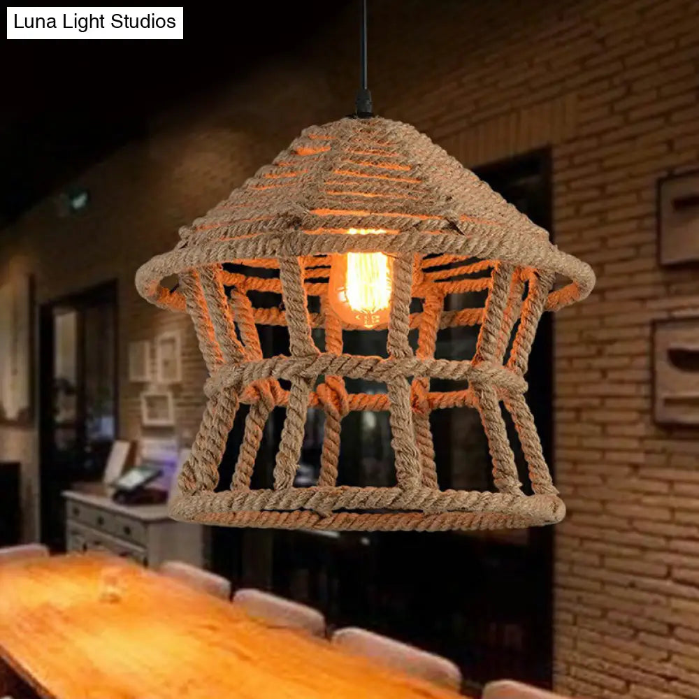 Retro House Shaped Hemp Rope Pendant Ceiling Light In Brown With 1 Head Suspension