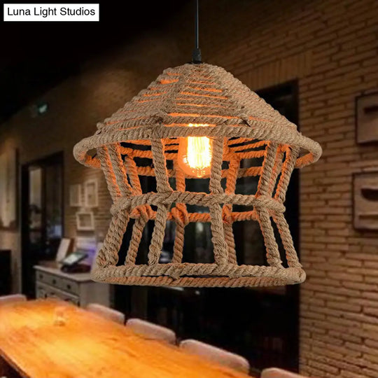 Retro House Shaped Hemp Rope Pendant Ceiling Light In Brown With 1 Head Suspension