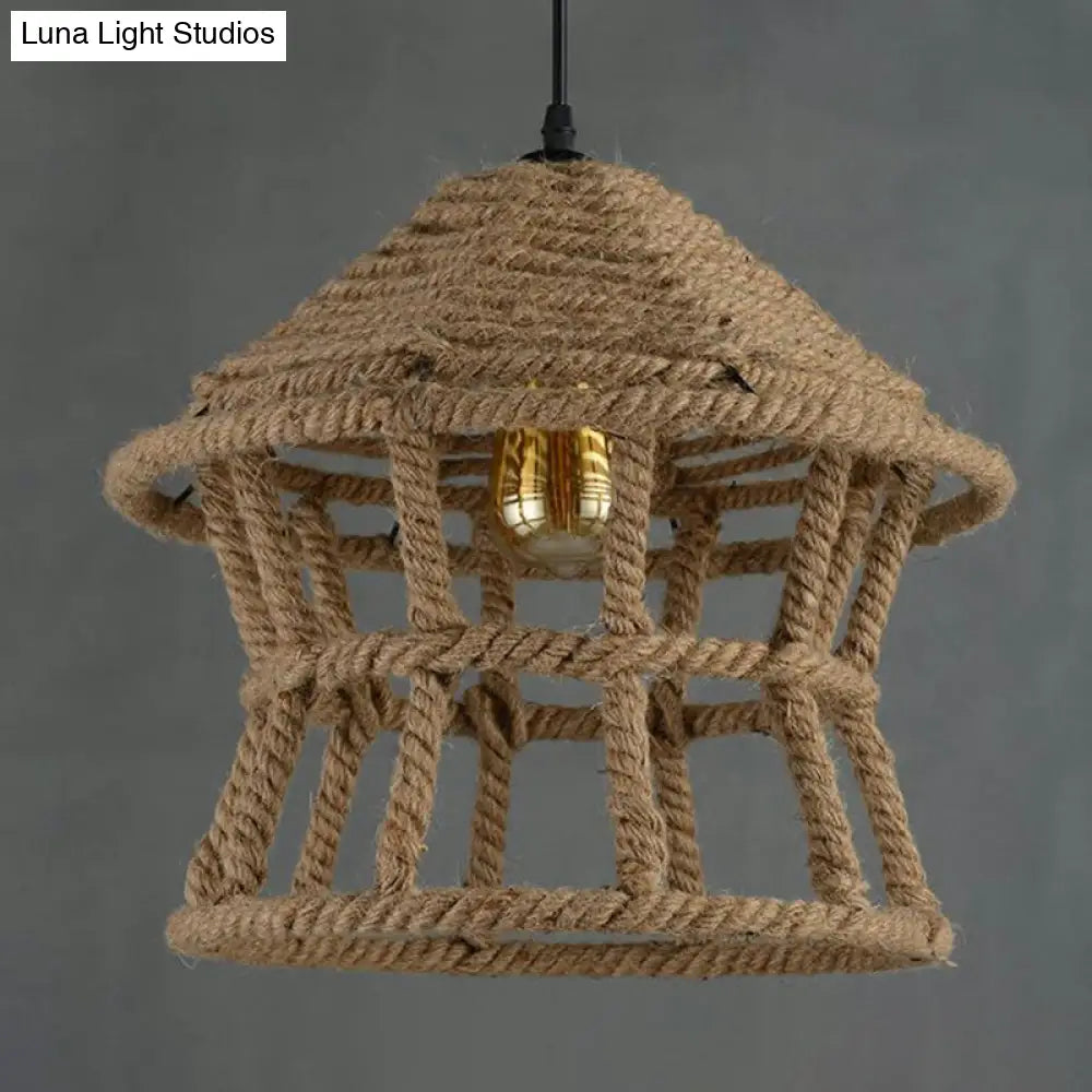 Rustic Hemp Rope Pendant Ceiling Light In Brown - Retro House Design