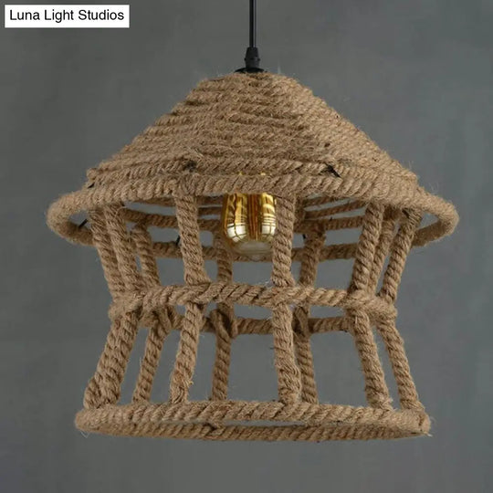 Retro House Shaped Hemp Rope Pendant Ceiling Light In Brown With 1 Head Suspension