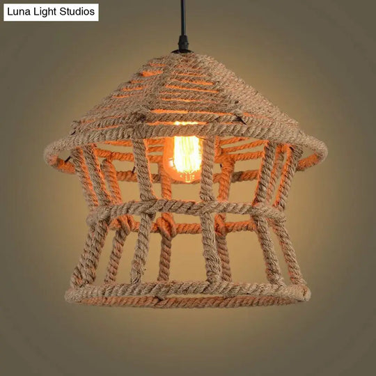 Retro House Shaped Hemp Rope Pendant Ceiling Light In Brown With 1 Head Suspension