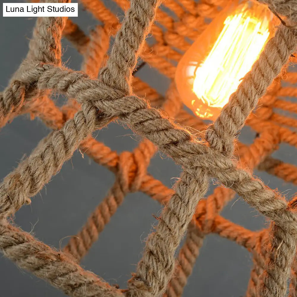 Retro House Shaped Hemp Rope Pendant Ceiling Light In Brown With 1 Head Suspension