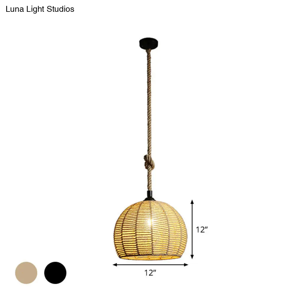 Rustic Hemp Rope Pendant Lamp For Dining Table - 1-Light Black/Brown 10’/12’ Wide