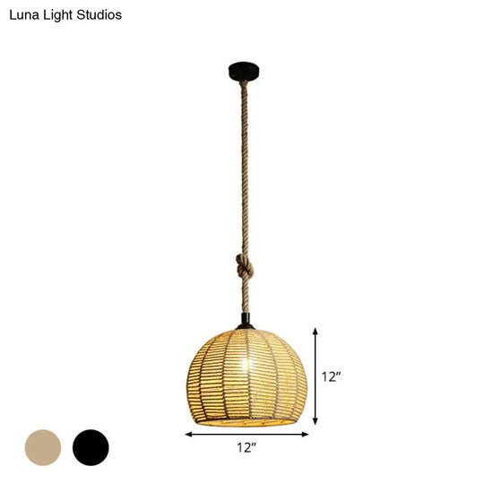 Rustic Hemp Rope Pendant Lamp For Dining Table - 1-Light Black/Brown 10’/12’ Wide