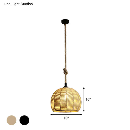 Rustic Hemp Rope Pendant Lamp For Dining Table - 1-Light Black/Brown 10’/12’ Wide