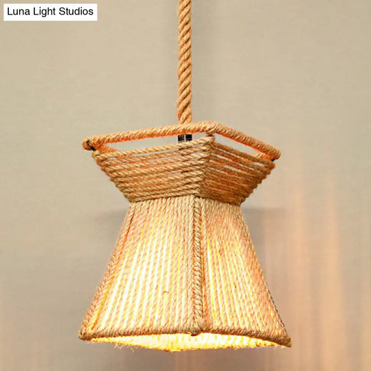 Rustic Hemp Rope Shaded Hanging Light - Brown Restaurant Pendant Fixture With 1 Bulb / K