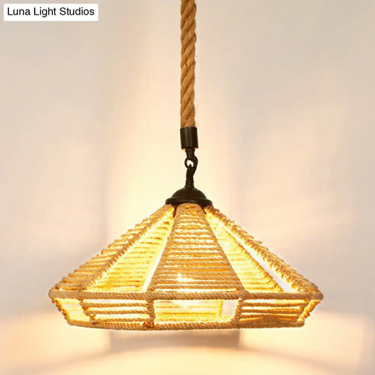 Rustic Hemp Rope Shaded Hanging Light - Brown Restaurant Pendant Fixture With 1 Bulb / E