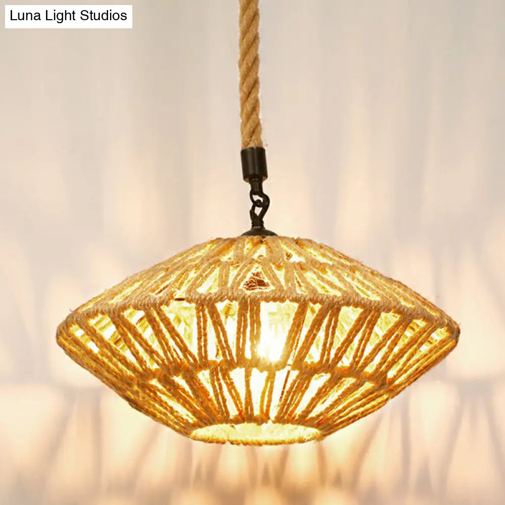 Rustic Hemp Rope Shaded Hanging Light - Brown Restaurant Pendant Fixture With 1 Bulb / L