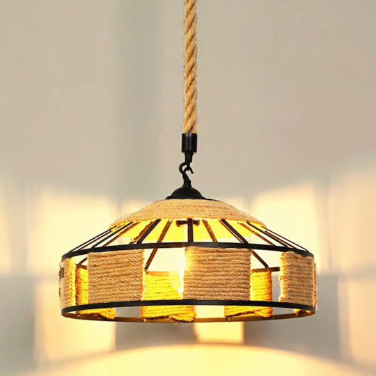 Rustic Hemp Rope Pendant Light Fixture - Brown Restaurant Hanging With Shaded 1Bulb / F