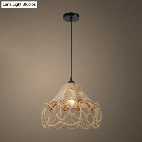 Rustic Hemp Rope Pendant Light Fixture - Brown 1 Bulb Hanging / H