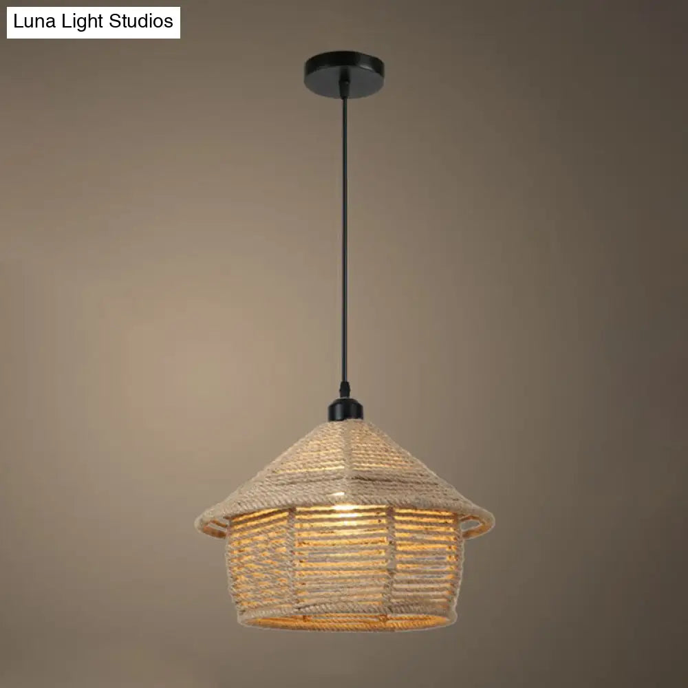 Rustic Hemp Rope Pendant Light Fixture - Brown 1 Bulb Hanging / F