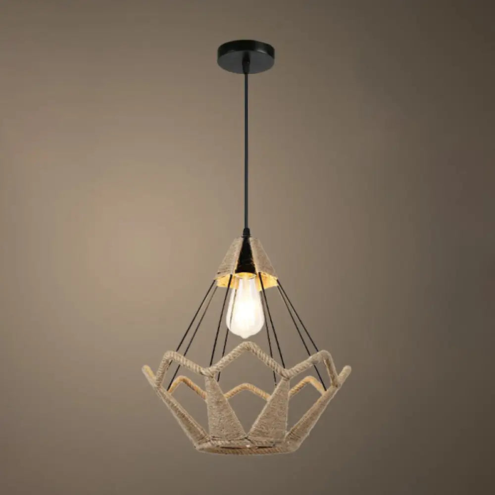 Rustic Hemp Rope Pendant Light Fixture In Brown - Vintage Wrapped Hanging Lamp With 1 Bulb / C