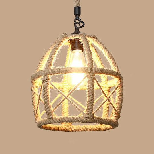 Rustic Hemp Rope Pendant Light Fixture With Brown Bulb / D