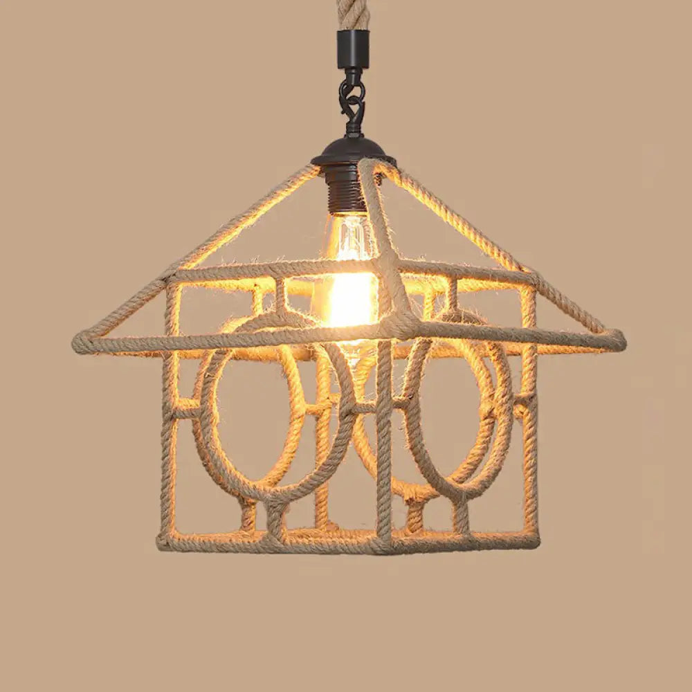 Rustic Hemp Rope Pendant Light Fixture With Brown Bulb / J