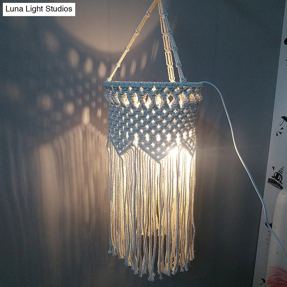 Rustic Hemp Rope Pendant Light With Criss-Cross Fringe Corridor Drop Design - 1 Head White