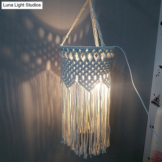 Rustic Hemp Rope Pendant Light With Criss-Cross Fringe Corridor Drop Design - 1 Head White