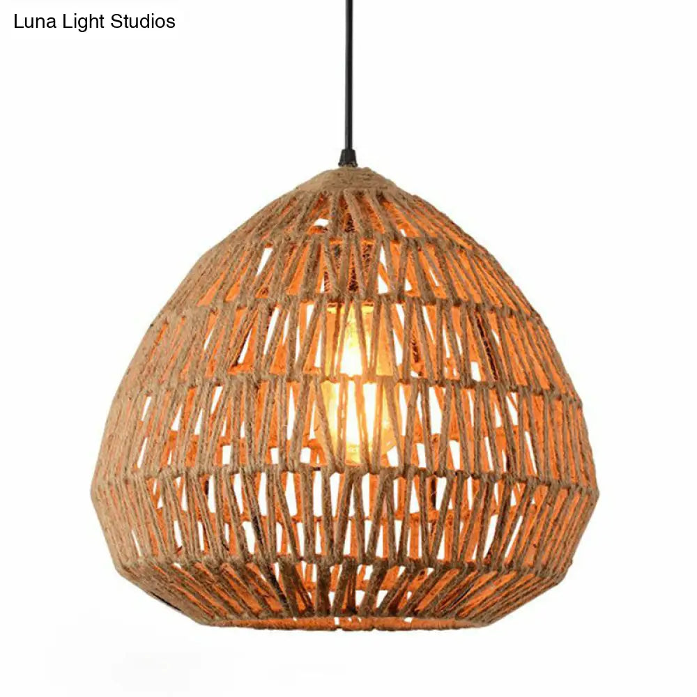 Rustic Single-Bulb Brown Hemp Rope Pendant Light With Vintage Cage Design / A