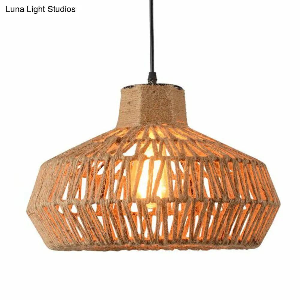 Rustic Single-Bulb Brown Hemp Rope Pendant Light With Vintage Cage Design / B