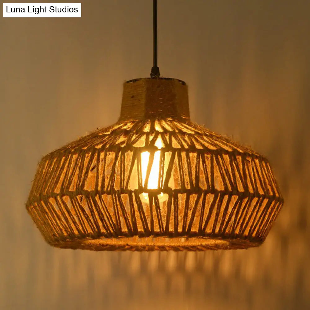 Rustic Single-Bulb Brown Hemp Rope Pendant Light With Vintage Cage Design