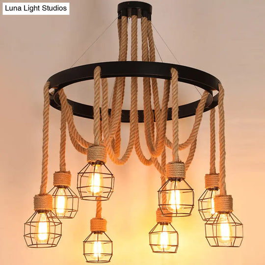 Rustic Hemp Rope Chandelier - Black Dangling Suspension Light For Restaurants 8 / E