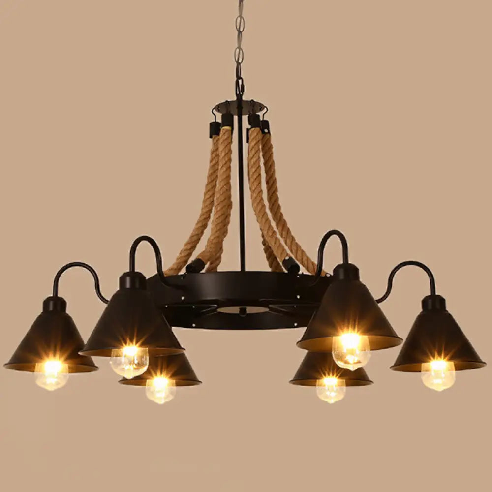 Rustic Hemp Rope Restaurant Chandelier With Black Dangling Suspension Light 6 / A