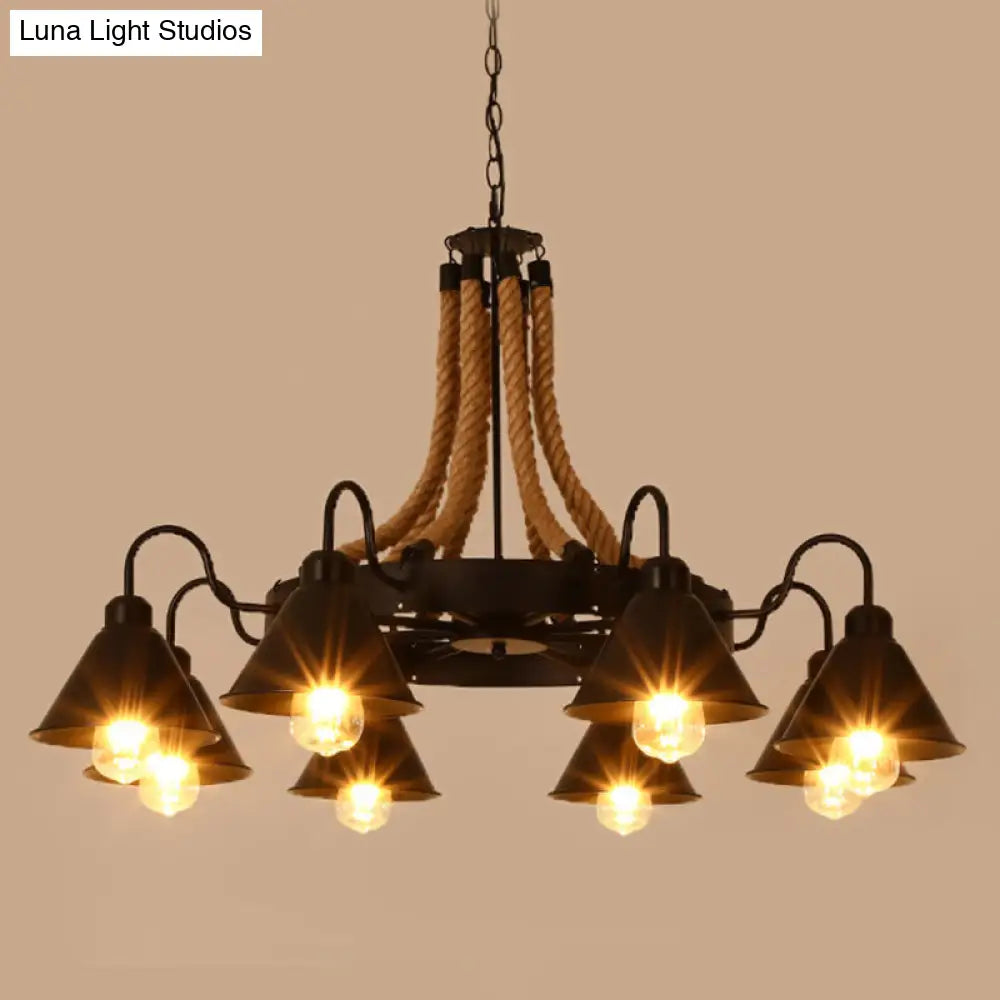 Rustic Hemp Rope Chandelier - Black Dangling Suspension Light For Restaurants 8 / A