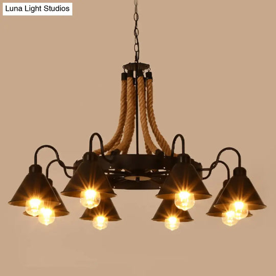 Rustic Hemp Rope Chandelier - Black Dangling Suspension Light For Restaurants 8 / A