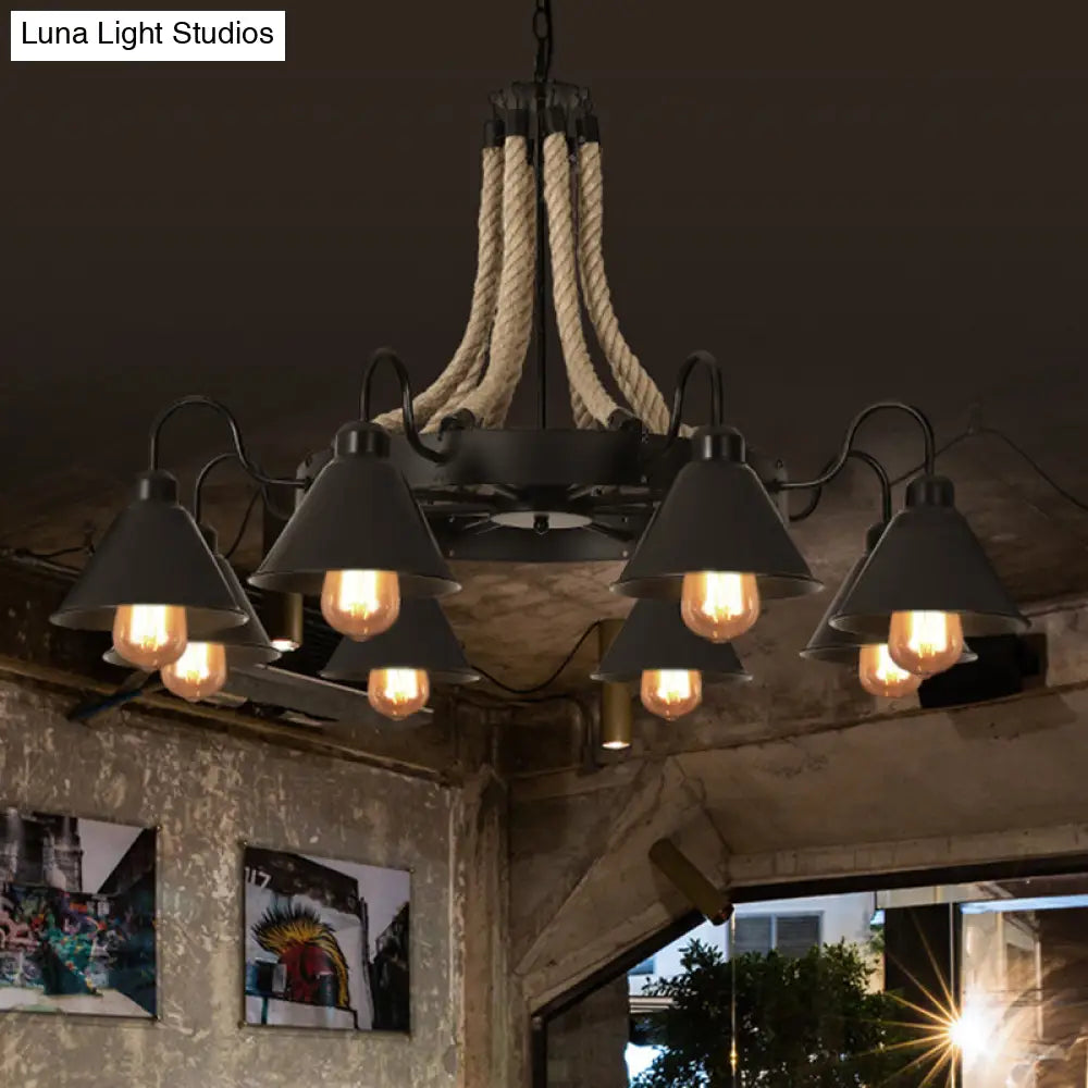 Rustic Hemp Rope Restaurant Chandelier With Black Dangling Suspension Light