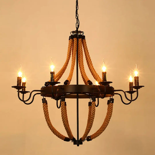 Rustic Hemp Rope Restaurant Chandelier With Black Dangling Suspension Light 8 / D