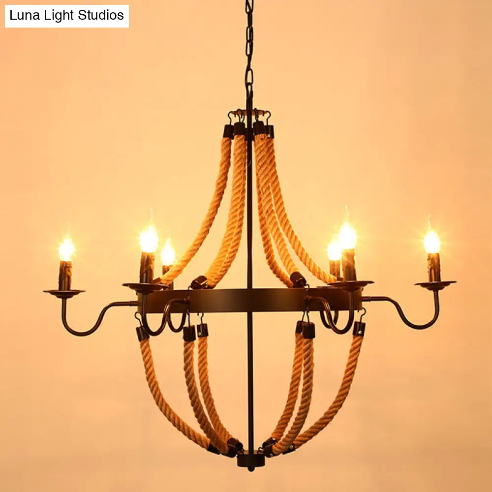 Rustic Hemp Rope Chandelier - Black Dangling Suspension Light For Restaurants 6 / D