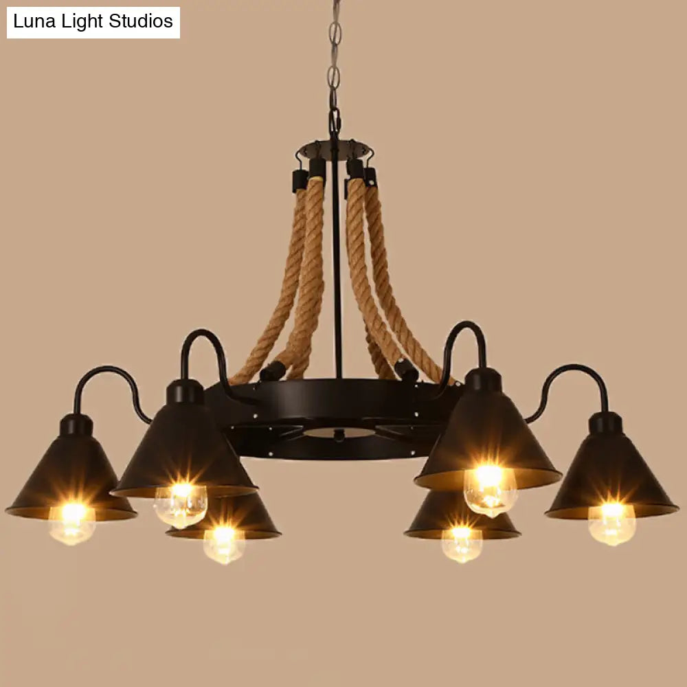 Rustic Hemp Rope Chandelier - Black Dangling Suspension Light For Restaurants 6 / A
