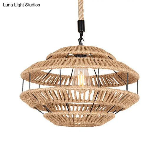 Rustic Hemp-Roped Pendant Light For Dining Room - Brown Ceiling Basket Design