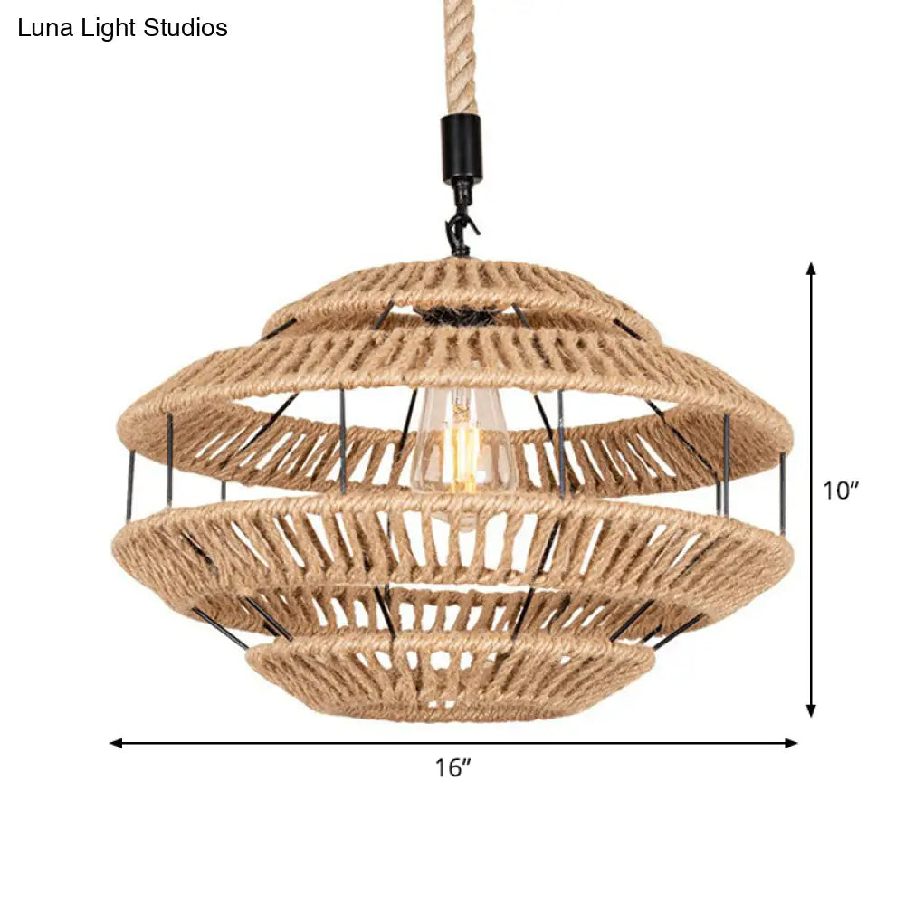 Rustic Hemp Roped Ceiling Light Basket - Brown 1-Light Suspension Pendant For Dining Room