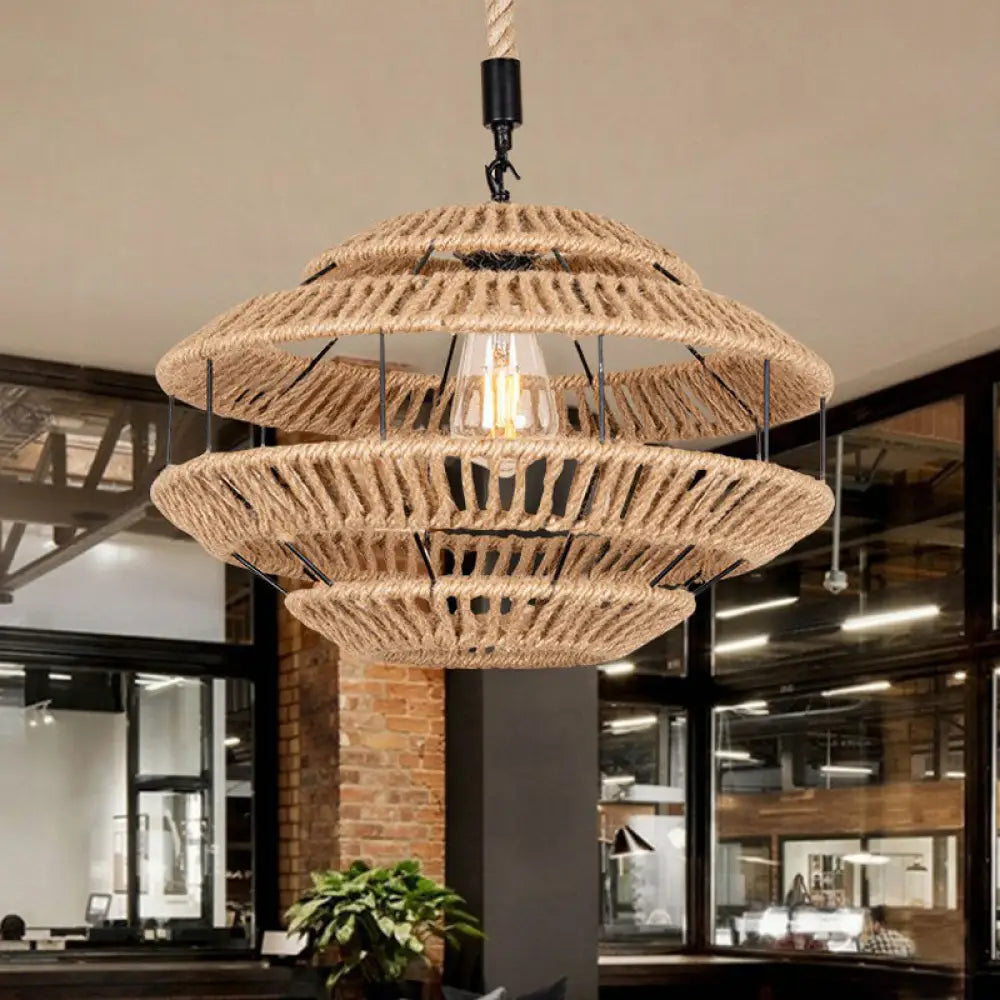 Rustic Hemp Roped Ceiling Light Basket - Brown 1-Light Suspension Pendant For Dining Room